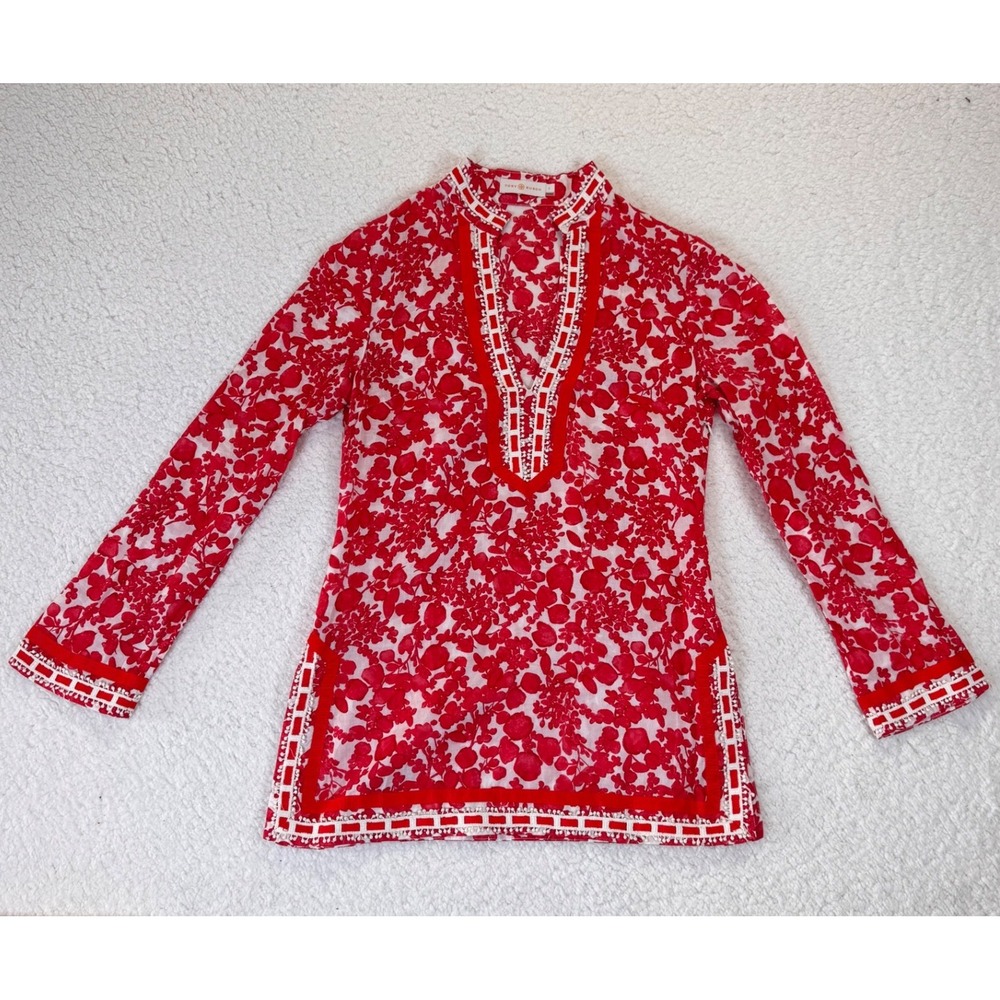 Tory Burch Red White Floral Cotton Tunic Top Split Neck Embroidered Size 2